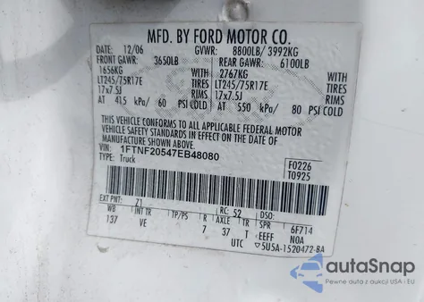 2007 Ford F-250 Xl/Xlt из США, поврежденный, VIN 1FTNF20547EB48080